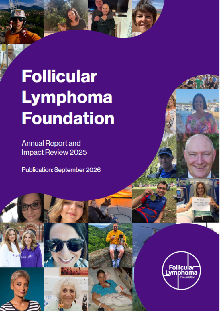 The front cover of the follicular lymphoma foundation annual report 2025 featuring photos of people living with follicular lymphoma